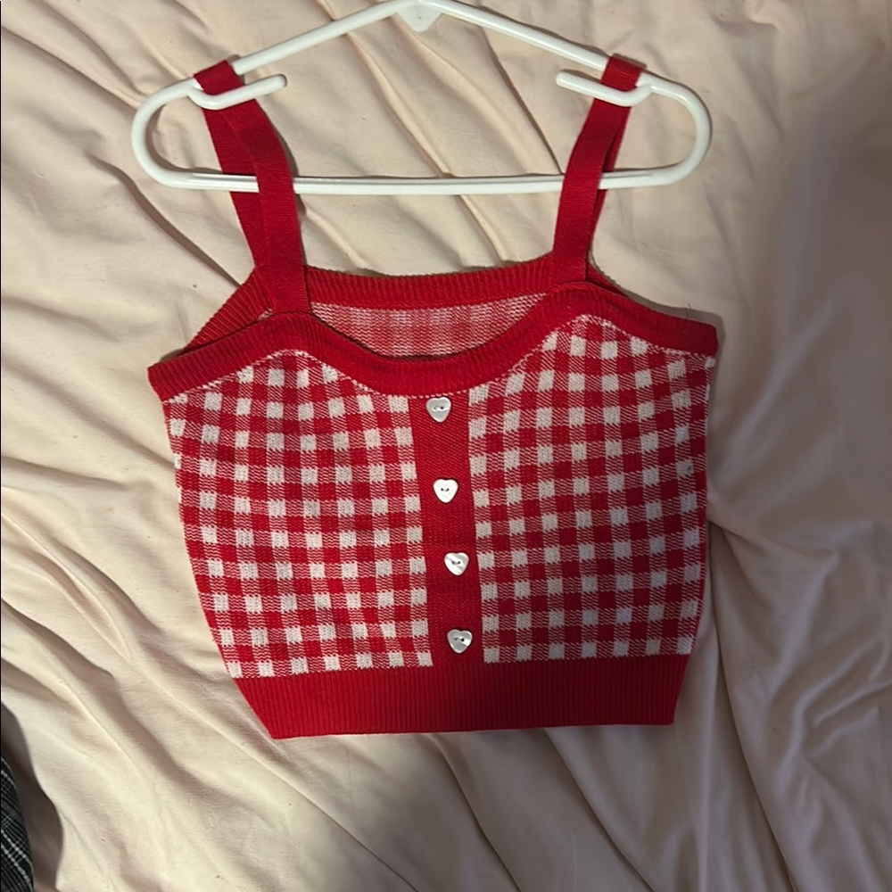 Red Gingham Knit Crop Top
